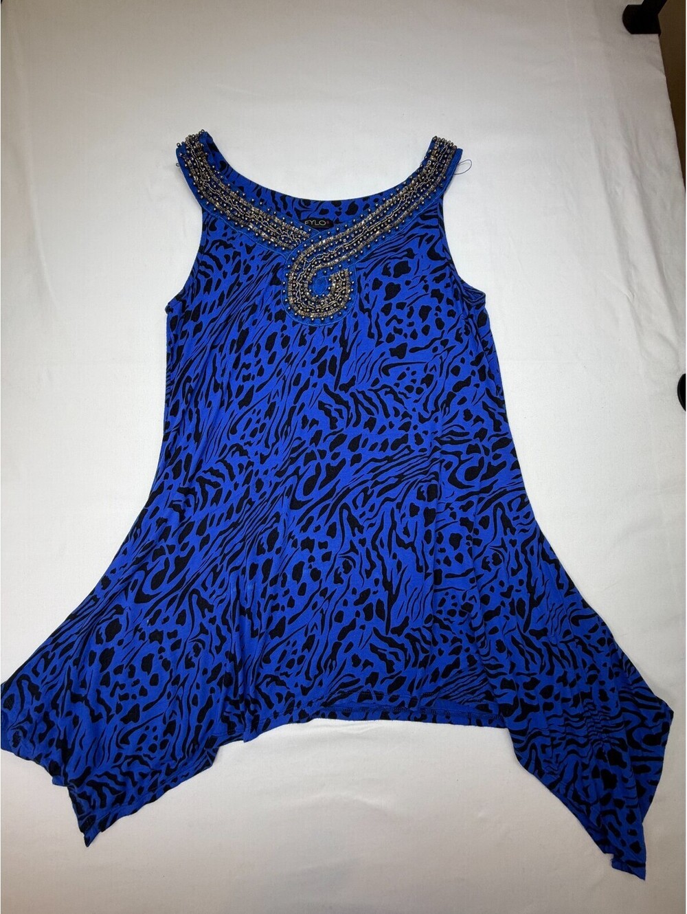 FYLO Women's Blouse Sleeveless Tunic Animal Print Beaded Knit Size L Blue